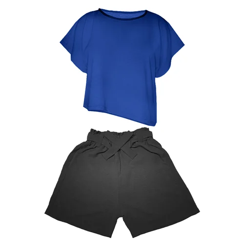 ست تی شرت و شلوارک زنانه مدل ابر و بادی کد 01 رنگ آبی و مشکی / TOSHNA