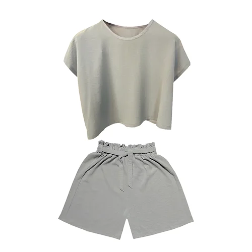 ست تی شرت و شلوارک زنانه مدل ابر و بادی کد 110۳ رنگ طوسی روشن / TOSHNA