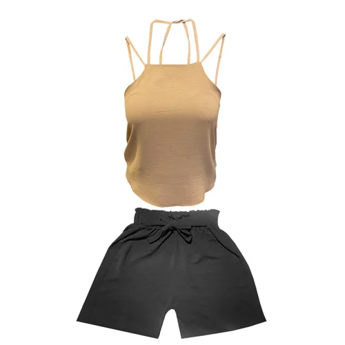 ست تاپ و شلوارک زنانه مدل ابر و بادی کد 1015 رنگ کرم و مشکی / TOSHNA