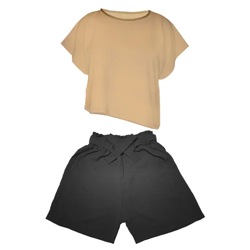 ست تی شرت و شلوارک زنانه مدل ابر و بادی کد 02 رنگ کرم و مشکی / TOSHNA