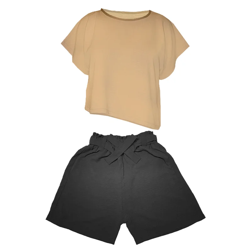 ست تی شرت و شلوارک زنانه مدل ابر و بادی کد 02 رنگ کرم و مشکی / TOSHNA