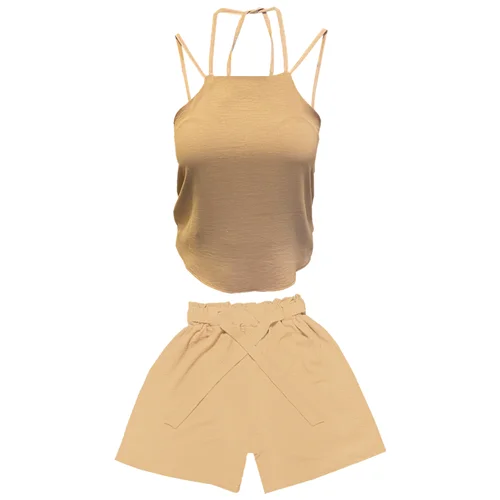 ست تاپ و شلوارک زنانه مدل ابر و بادی کد 1005 رنگ کرم / TOSHNA