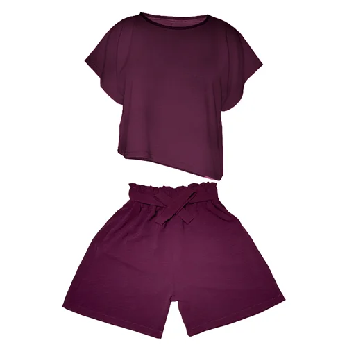 ست تی شرت و شلوارک زنانه مدل ابر و بادی کد 1109 رنگ بادمجانی / TOSHNA