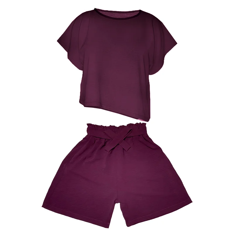 ست تی شرت و شلوارک زنانه مدل ابر و بادی کد 1109 رنگ بادمجانی / TOSHNA