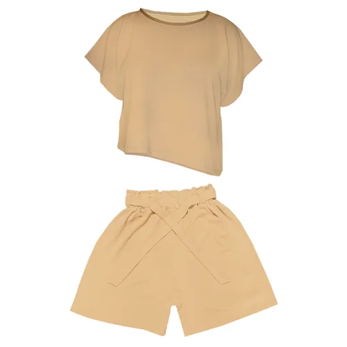 ست تی شرت و شلوارک زنانه مدل ابر و بادی کد 1105 رنگ کرم / TOSHNA