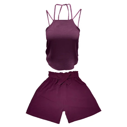 ست تاپ و شلوارک زنانه مدل ابر و بادی کد 1009 رنگ بادمجانی / TOSHNA